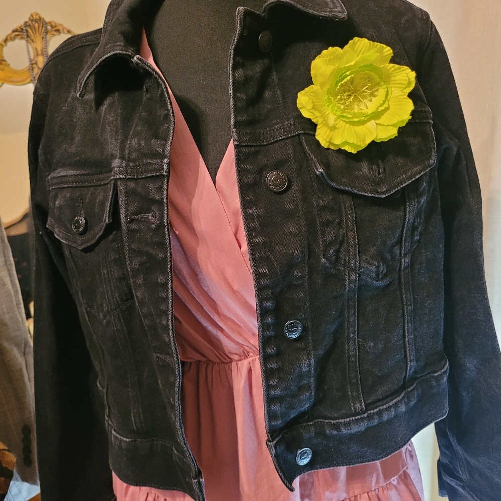 Blinged Out, Hollister, Black Denim Jacket with Removable Flower Included